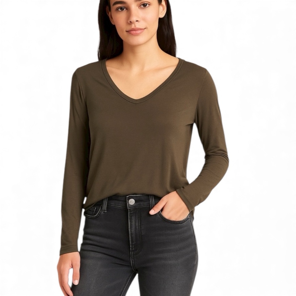 Bordeaux Olive V-Neck Long Sleeve Layered Hem Blouse XS